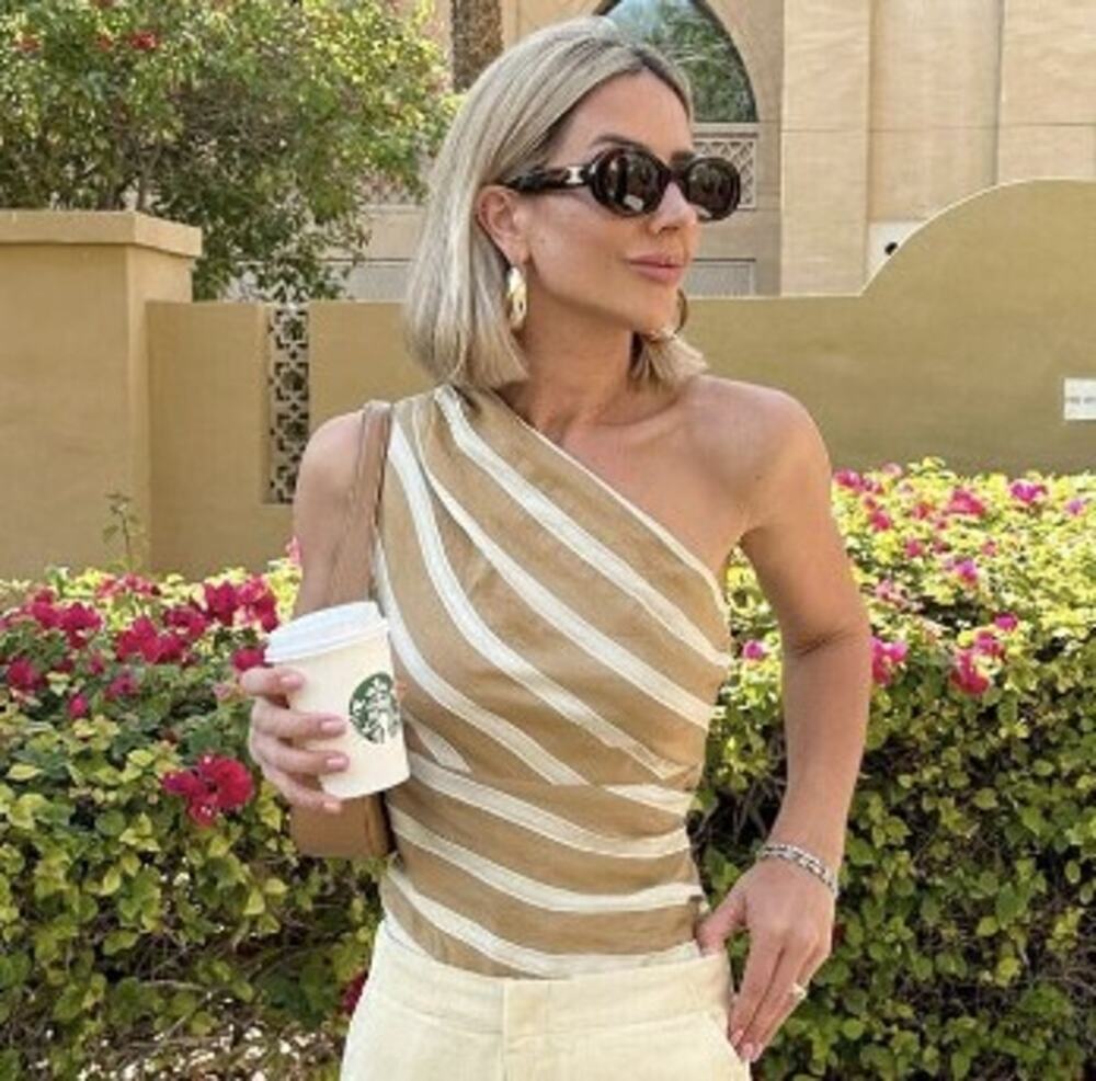 Zara Tan Beige Striped Asymmetric Exposed Shoulder Top Size XS